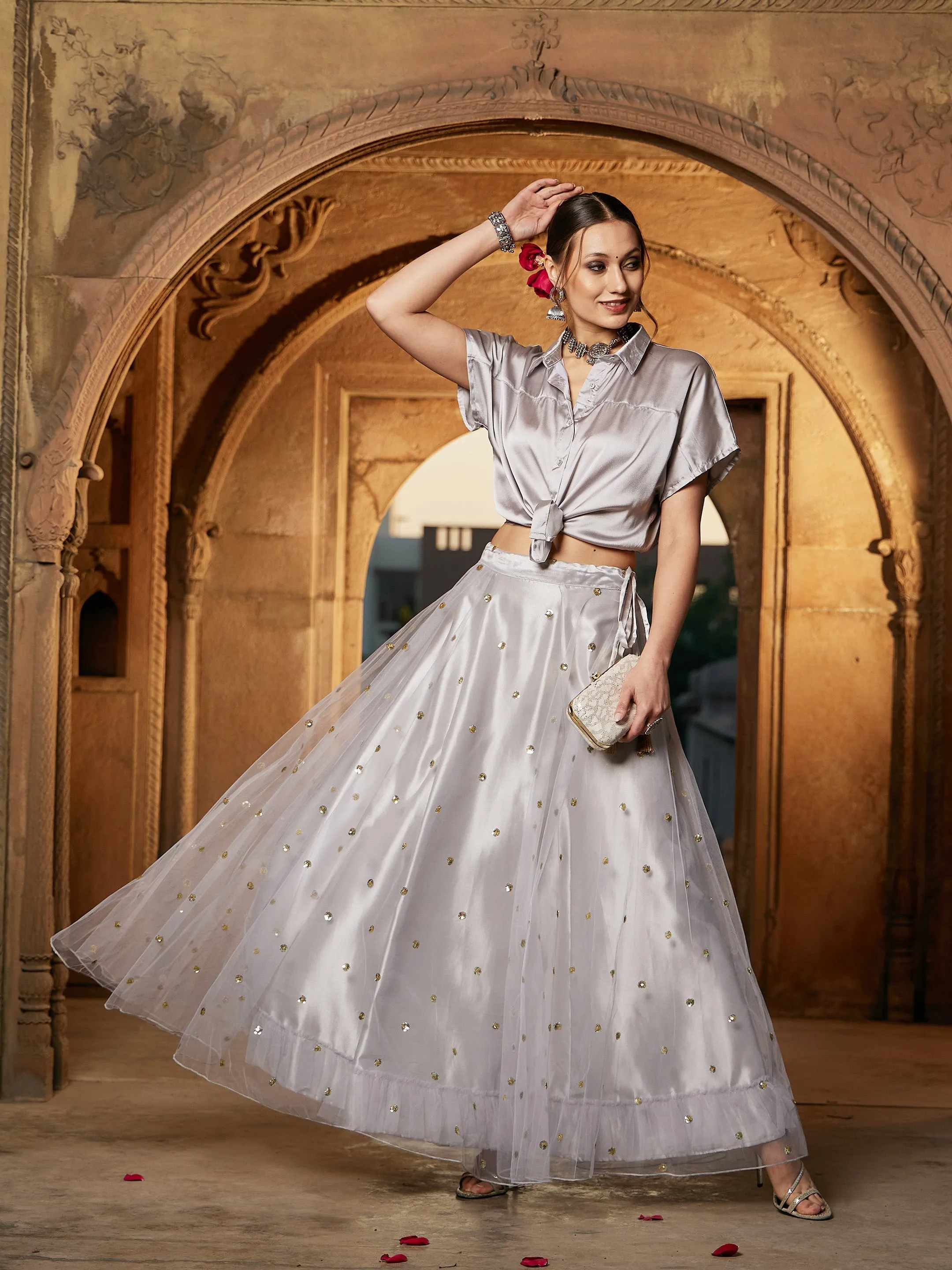 Women Grey Tulle Sequin Anarkali Skirt