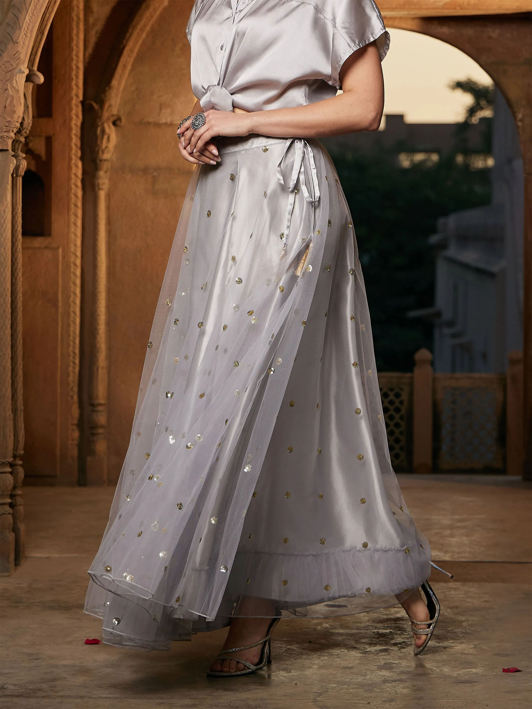 Women Grey Tulle Sequin Anarkali Skirt