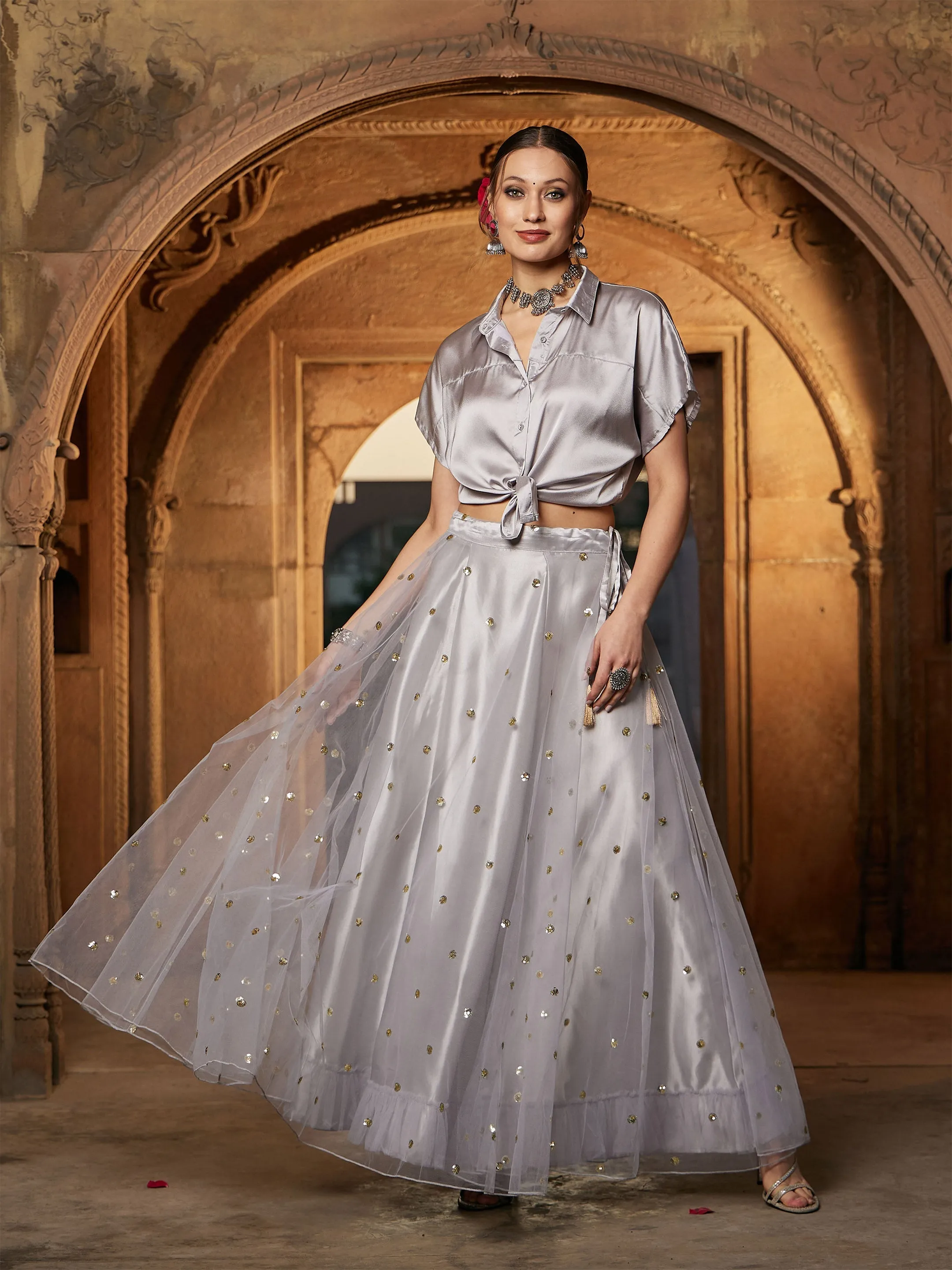 Women Grey Tulle Sequin Anarkali Skirt