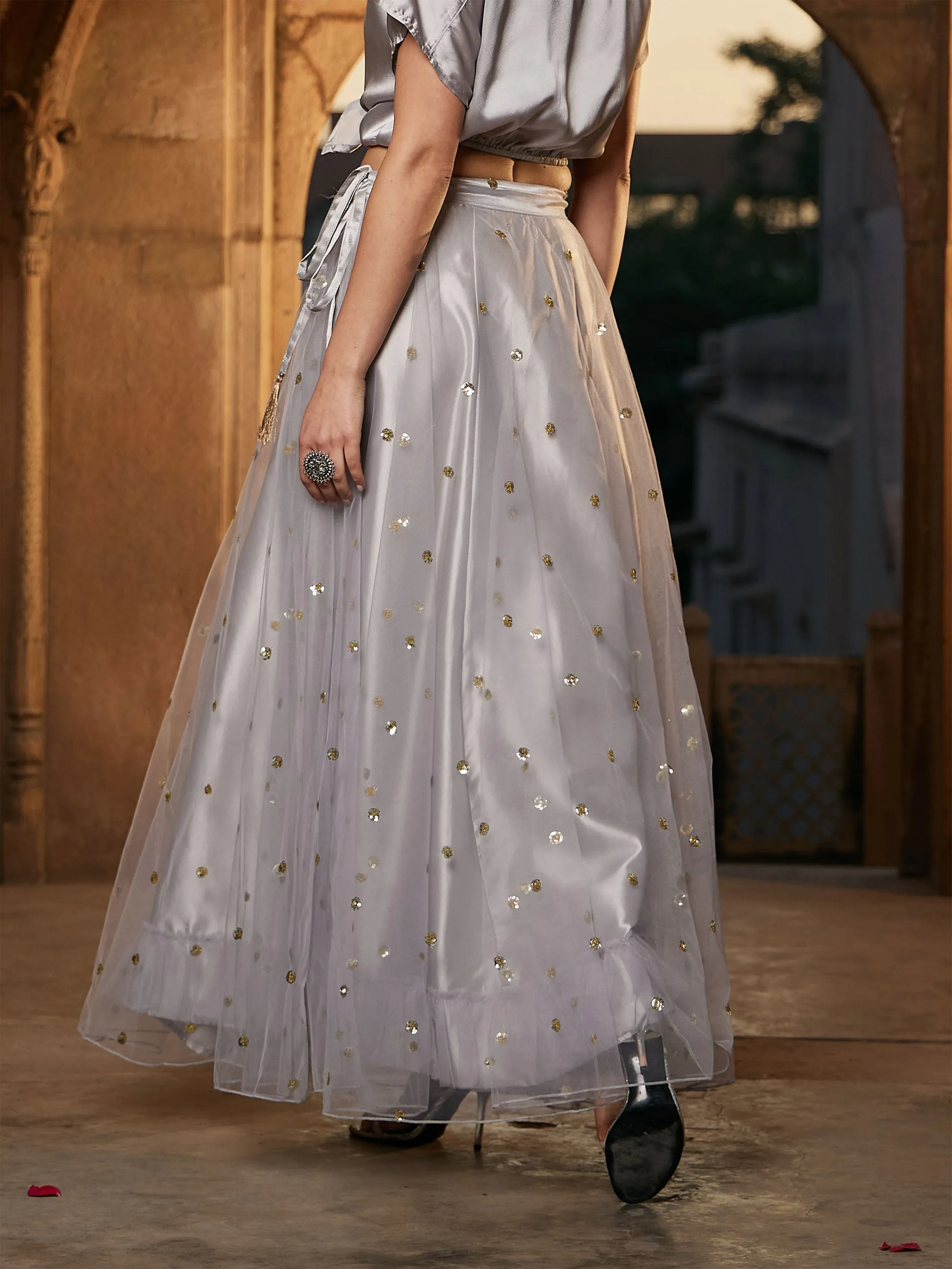 Women Grey Tulle Sequin Anarkali Skirt