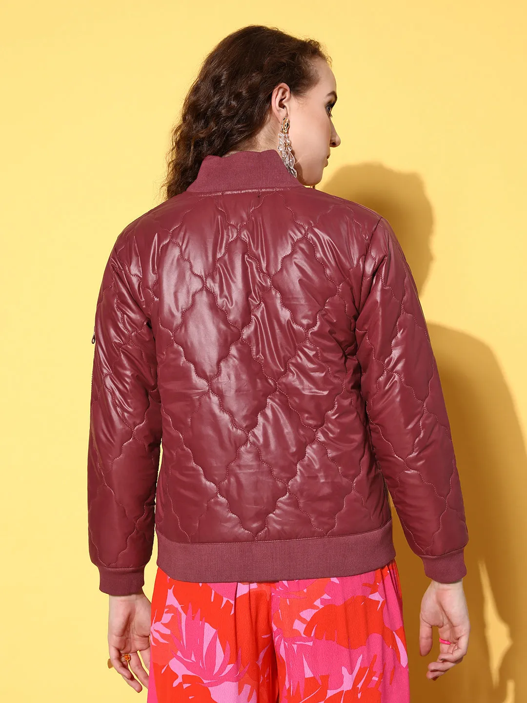 Women Maroon Front Pockets Puffer Bomber Jacket