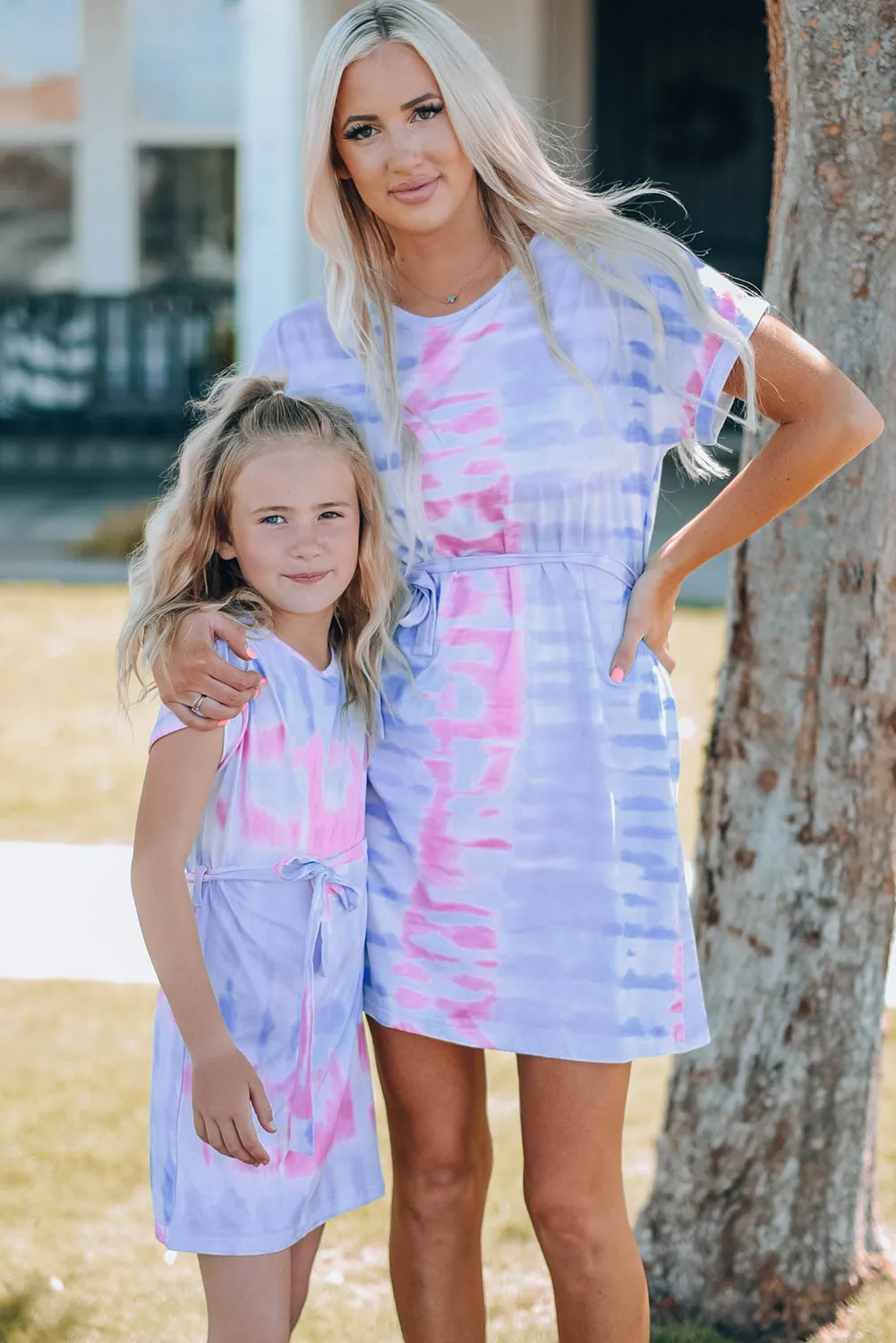 Women Tie-Dye Belted T-Shirt Dress - Mommy & Me