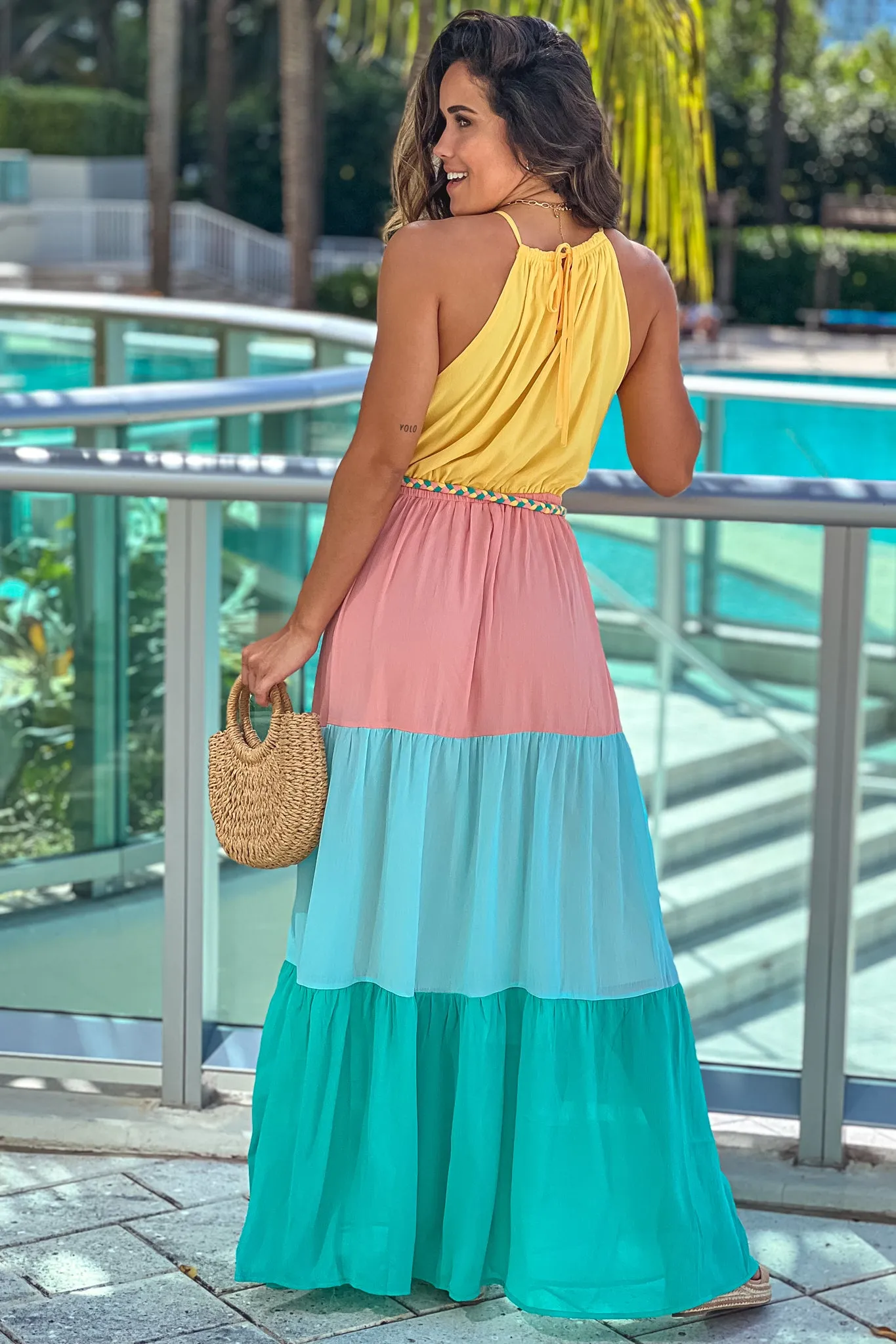 Yellow And Pink Color Block Maxi Dress With Belt