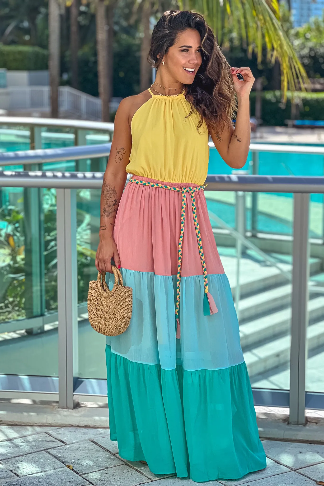 Yellow And Pink Color Block Maxi Dress With Belt